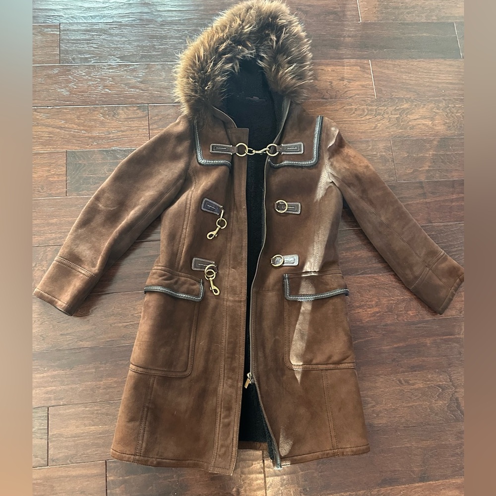 Coach Brown Suede Shearling Toggle Coat Fur Hood  * flaw Designer READ Size 6 - Picture 3 of 16